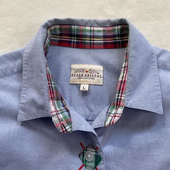 Vintage Susan Bristol Women’s Cotton Oxford Shirt – Button Down, Plaid Trim - Picture 3 of 16